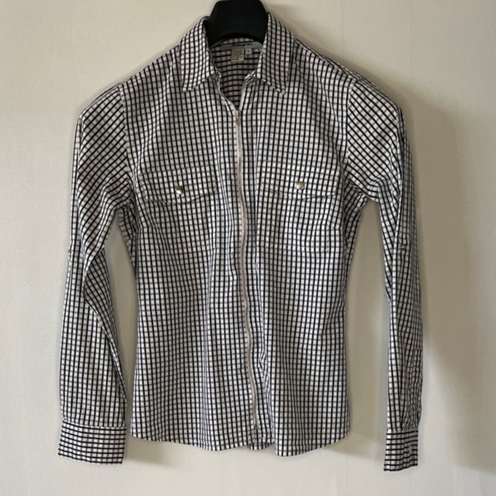 Tracy M Striped Shirt Top Pockets Zip UP Long Sleeve Blue/white Sz S